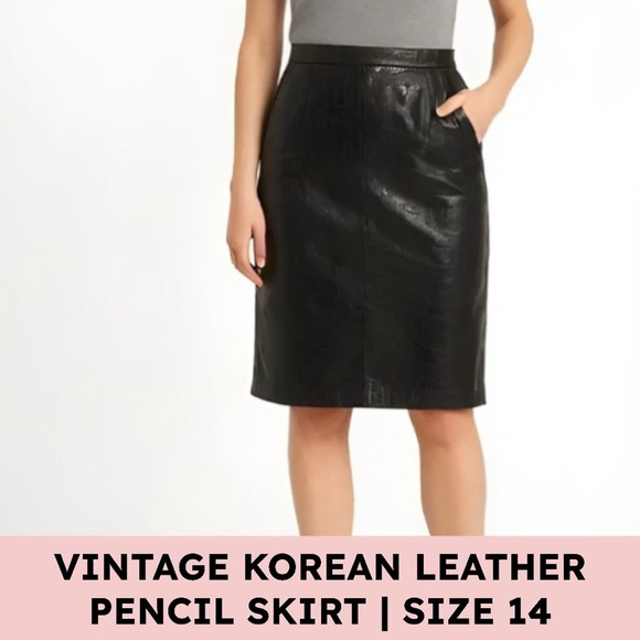 Evan Davies Croc Embossed Leather Pencil Skirt Black High Waist Vintage 14 - Picture 1 of 11